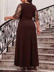Fleurora Plus Size Women's Patchwork Embroidered Mesh Short Sleeve Overlap V-Neck Elegant Dress Wedding Formal Dinner Evening Brown Summer - Brown - View 7