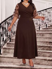 Fleurora Plus Size Women's Patchwork Embroidered Mesh Short Sleeve Overlap V-Neck Elegant Dress Wedding Formal Dinner Evening Brown Summer - Brown - View 2