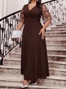 Fleurora Plus Size Women's Patchwork Embroidered Mesh Short Sleeve Overlap V-Neck Elegant Dress Wedding Formal Dinner Evening Brown Summer - Brown - View 6