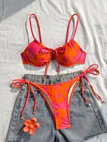 SHEIN Swim 2 件套春假多色细肩带钢圈背心，带前系腰带和侧系带泳裤，可爱夏季女士沙滩游泳比基尼套装 - 橘色 - 查看 1