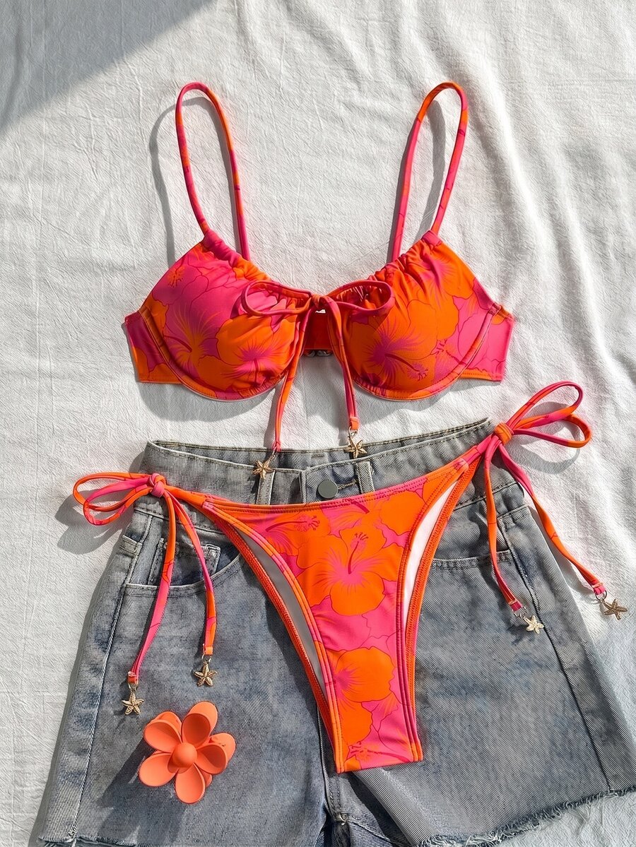 SHEIN Swim 2 件套春假多色细肩带钢圈背心,带前系腰带和侧系带泳裤,可爱夏季女士沙滩游泳比基尼套装 - 橘色 - 查看 1