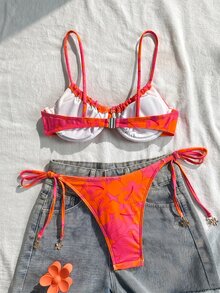 SHEIN Swim 2 件套春假多色细肩带钢圈背心，带前系腰带和侧系带泳裤，可爱夏季女士沙滩游泳比基尼套装 - 橘色 - 查看 2