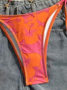 SHEIN Swim 2 件套春假多色细肩带钢圈背心，带前系腰带和侧系带泳裤，可爱夏季女士沙滩游泳比基尼套装 - 橘色 - 查看 5