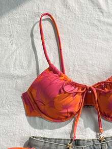 SHEIN Swim 2 件套春假多色细肩带钢圈背心，带前系腰带和侧系带泳裤，可爱夏季女士沙滩游泳比基尼套装 - 橘色 - 查看 4