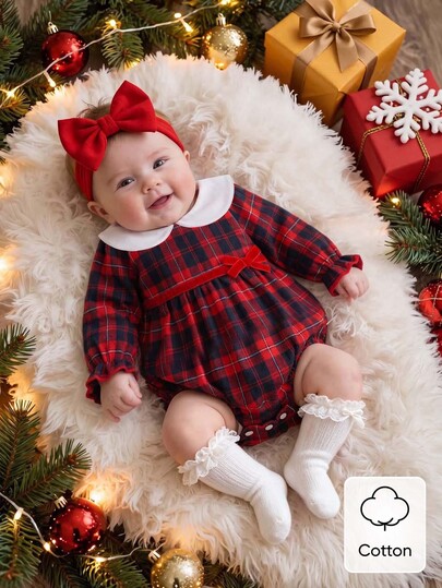 SHEIN Newborn Baby Girl Bodysuit Cute Red Black Plaid Velvet Bow Ruffle Puff Sleeve Peter Pan Collar Birthday Party Fall Style Winter Christmas Cotton