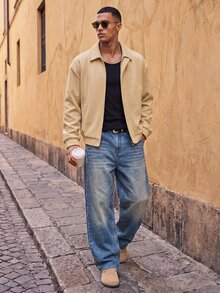 HIMLAND Men Solid Khaki Zip Up Jacket Turn Down Collar Relaxed Fit Elastic Cuffs Hem Side Pockets Lightweight Soft Fabric Casual Bomber Coat Spring Fall Outer - Multicolor - View 5