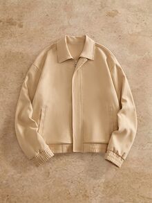 HIMLAND Men Solid Khaki Zip Up Jacket Turn Down Collar Relaxed Fit Elastic Cuffs Hem Side Pockets Lightweight Soft Fabric Casual Bomber Coat Spring Fall Outer - Multicolor - View 6