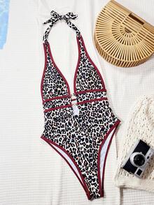 Swim Chiccia Springbreak Leopard Print Deep V Neck Sexy One-Piece Swimsuit, Festival Boho For Summer Beach Vacation - Multicolor - View 4