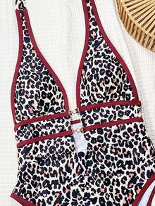 Swim Chiccia Springbreak Leopard Print Deep V Neck Sexy One-Piece Swimsuit, Festival Boho For Summer Beach Vacation - Multicolor - View 3