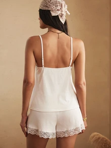 Lullawish Women's Sexy Lace Cami Top And Shorts Pajama Set - White - View 2