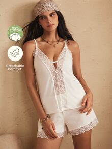 Lullawish Women's Sexy Lace Cami Top And Shorts Pajama Set - White - View 1