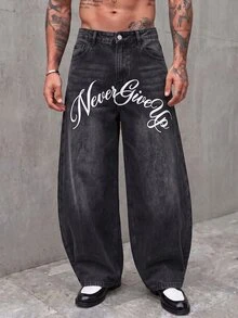 Manfinity RebelGame Men's Letter Print Curved Leg Jeans Birthday Vacation Dark Grey Summer Streetwear Street Life, Grunge, Pocket, Urban, Work - Black - View 8