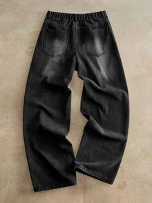 Manfinity RebelGame Men's Letter Print Curved Leg Jeans Birthday Vacation Dark Grey Summer Streetwear Street Life, Grunge, Pocket, Urban, Work - Black - View 9