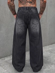 Manfinity RebelGame Men's Letter Print Curved Leg Jeans Birthday Vacation Dark Grey Summer Streetwear Street Life, Grunge, Pocket, Urban, Work - Black - View 6
