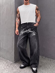 Manfinity RebelGame Men's Letter Print Curved Leg Jeans Birthday Vacation Dark Grey Summer Streetwear Street Life, Grunge, Pocket, Urban, Work - Black - View 5