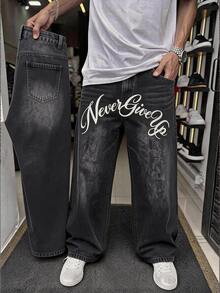 Manfinity RebelGame Men's Letter Print Curved Leg Jeans Birthday Vacation Dark Grey Summer Streetwear Street Life, Grunge, Pocket, Urban, Work - Black - View 3