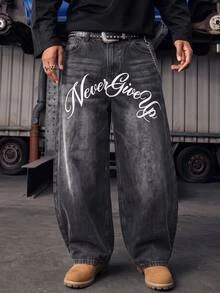 Manfinity RebelGame Men's Letter Print Curved Leg Jeans Birthday Vacation Dark Grey Summer Streetwear Street Life, Grunge, Pocket, Urban, Work - Black - View 1