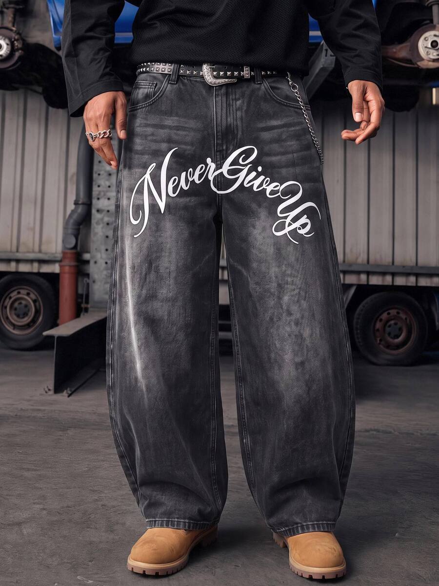 Manfinity RebelGame Men's Letter Print Curved Leg Jeans Birthday Vacation Dark Grey Summer Streetwear Street Life, Grunge, Pocket, Urban, Work - Black - View 1
