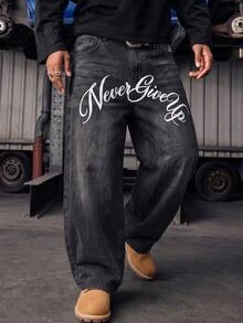 Manfinity RebelGame Men's Letter Print Curved Leg Jeans Birthday Vacation Dark Grey Summer Streetwear Street Life, Grunge, Pocket, Urban, Work - Black - View 2