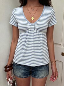 IslaSuriya 女款條紋印花V領短袖休閒海濱風百搭T恤，度假藍白條紋夏季款 - 彩色 - 查看 1