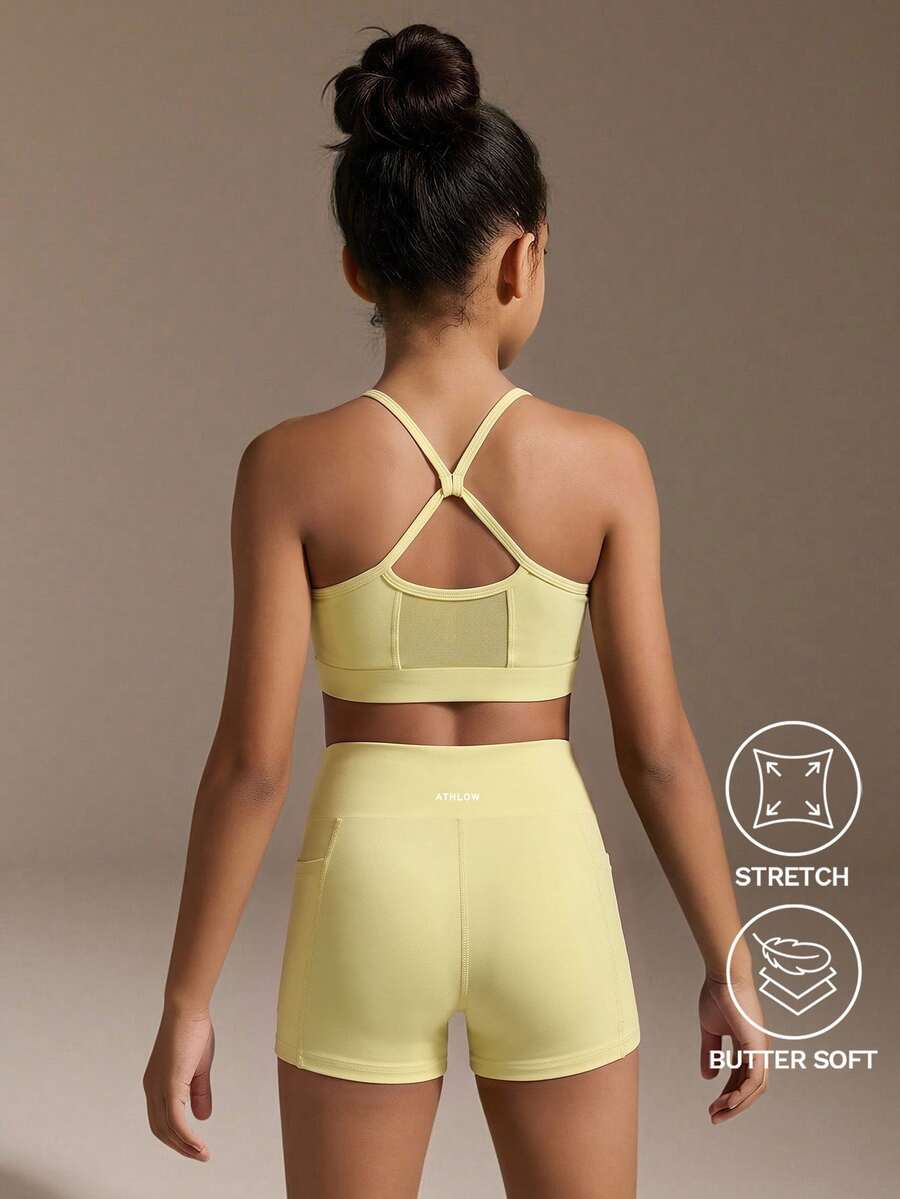 SHEIN Tween女孩淡黃色運動套裝,網格拼接設計上衣+短褲,緊身高彈力四向伸展面料,Glowmode健身慢跑夏季運動 - 黃色 - 查看 1