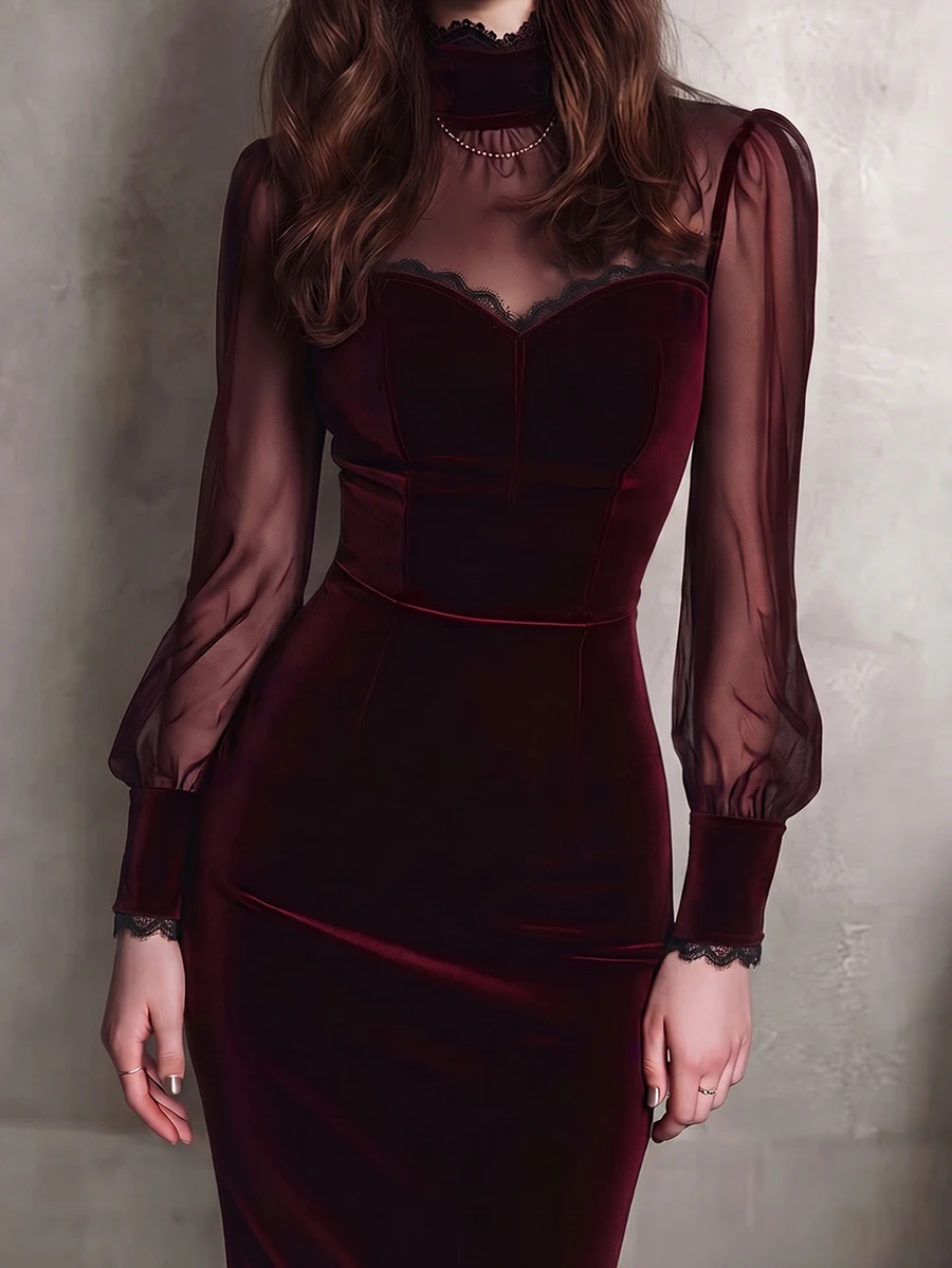 LUMIGAL Elegant Gothic Halloween Burgundy Velvet Commute Party Holiday Mesh Short Dress Spring Summer Autumn