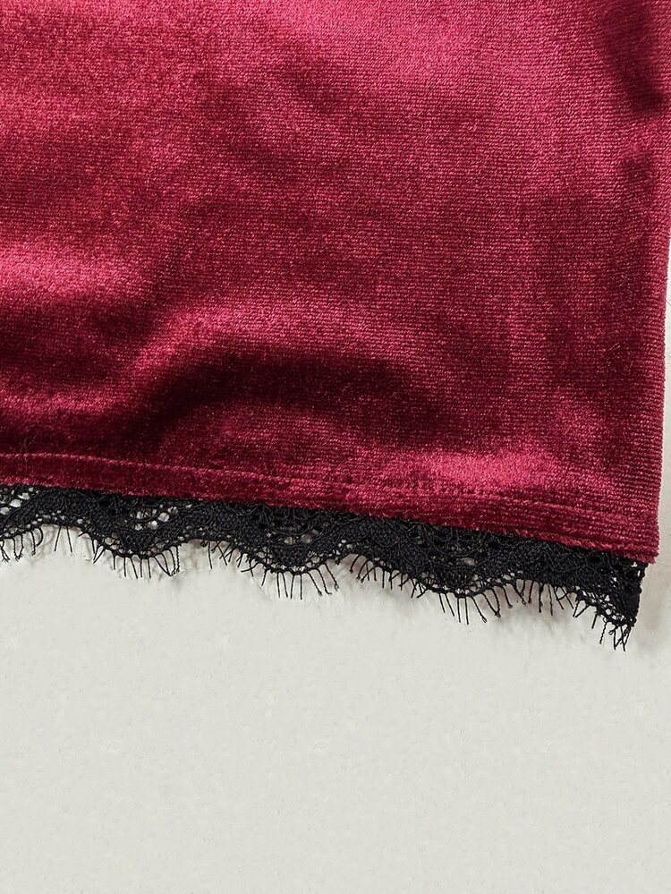 LUMIGAL Elegant Gothic Halloween Burgundy Velvet Commute Party Holiday Mesh Short Dress Spring Summer Autumn - Burgundy - View 5