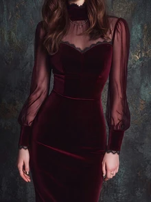 LUMIGAL Elegant Gothic Halloween Burgundy Velvet Commute Party Holiday Mesh Short Dress Spring Summer Autumn - Burgundy - View 4