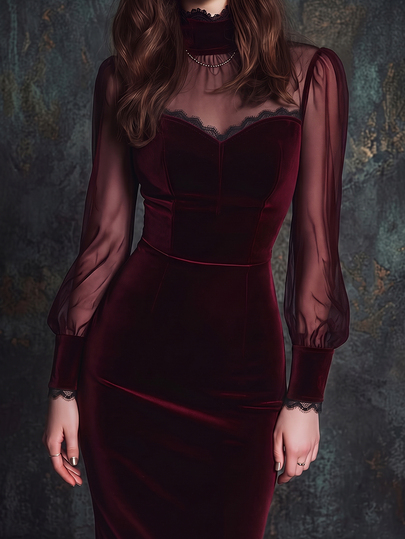 LUMIGAL Elegant Gothic Halloween Burgundy Velvet Commute Party Holiday Mesh Short Dress Spring Summer Autumn