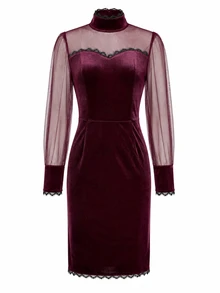 LUMIGAL Elegant Gothic Halloween Burgundy Velvet Commute Party Holiday Mesh Short Dress Spring Summer Autumn - Burgundy - View 5