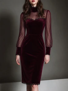 LUMIGAL Elegant Gothic Halloween Burgundy Velvet Commute Party Holiday Mesh Short Dress Spring Summer Autumn - Burgundy - View 7