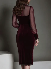 LUMIGAL Elegant Gothic Halloween Burgundy Velvet Commute Party Holiday Mesh Short Dress Spring Summer Autumn - Burgundy - View 3