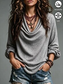 SHEIN Solid Color Cowl Neck 3/4 Sleeve T-Shirt Women Loose Drape Ruched Neck Casual Versatile Pullover Top - Grey - View 4