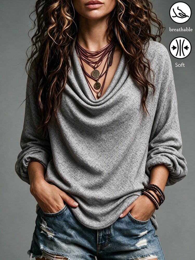 SHEIN 女款純色垂領 3/4 袖 T-shirt 寬鬆垂墜抓皺領休閒百搭套頭上衣 - 灰色 - 查看 3