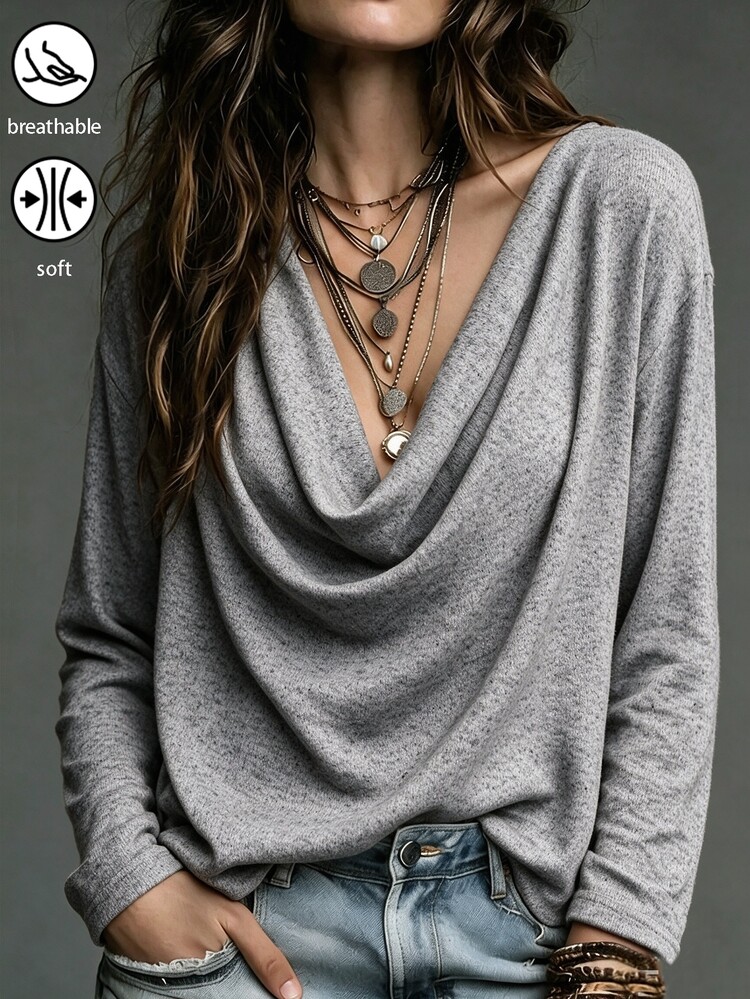 SHEIN 女款純色垂領 3/4 袖 T-shirt 寬鬆垂墜抓皺領休閒百搭套頭上衣 - 灰色 - 查看 4