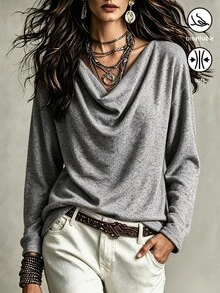 SHEIN Solid Color Cowl Neck 3/4 Sleeve T-Shirt Women Loose Drape Ruched Neck Casual Versatile Pullover Top - Grey - View 2