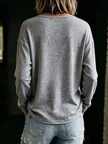 SHEIN Solid Color Cowl Neck 3/4 Sleeve T-Shirt Women Loose Drape Ruched Neck Casual Versatile Pullover Top - Grey - View 3