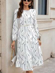SHEIN Clasi Casual Polka Dot & Stripe Pattern Round Neck Long Sleeve Bodycon Dress, Suitable For Spring And Autumn And Winter Boho Chic Dress - White - View 1
