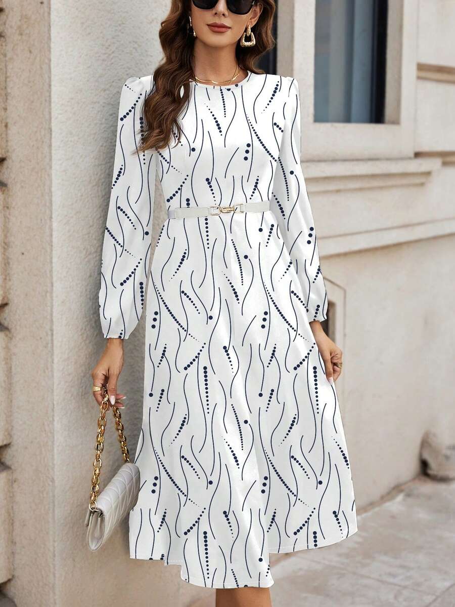 SHEIN Clasi Casual Polka Dot & Stripe Pattern Round Neck Long Sleeve Bodycon Dress, Suitable For Spring And Autumn And Winter Boho Chic Dress - White - View 1