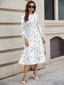 SHEIN Clasi Casual Polka Dot & Stripe Pattern Round Neck Long Sleeve Bodycon Dress, Suitable For Spring And Autumn And Winter Boho Chic Dress - White - View 3