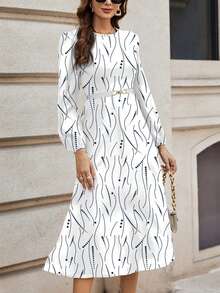 SHEIN Clasi Casual Polka Dot & Stripe Pattern Round Neck Long Sleeve Bodycon Dress, Suitable For Spring And Autumn And Winter Boho Chic Dress - White - View 4