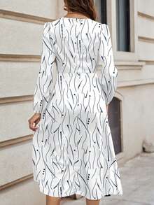SHEIN Clasi Casual Polka Dot & Stripe Pattern Round Neck Long Sleeve Bodycon Dress, Suitable For Spring And Autumn And Winter Boho Chic Dress - White - View 2