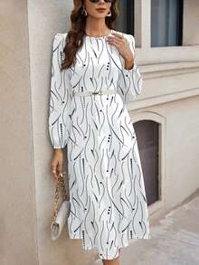 SHEIN Clasi Casual Polka Dot & Stripe Pattern Round Neck Long Sleeve Bodycon Dress, Suitable For Spring And Autumn And Winter Boho Chic Dress - White - View 5