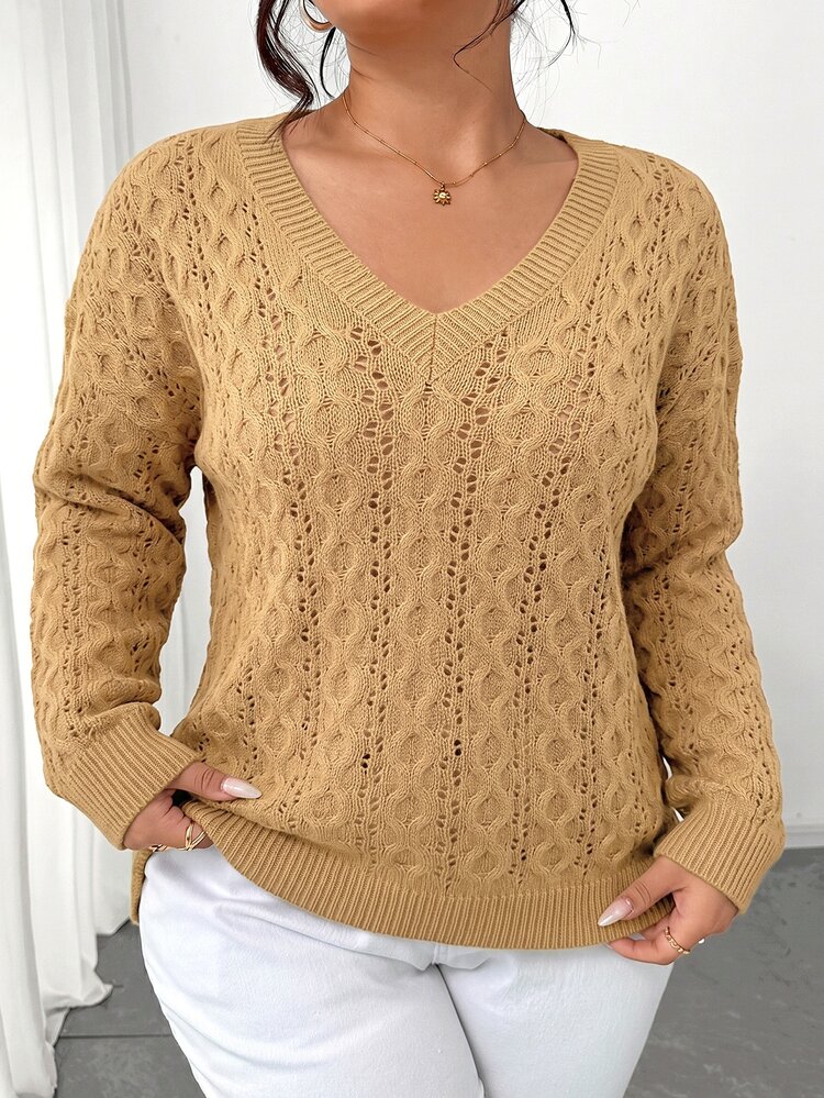 Linhara CURVE Plus Size Women's Spring/Autumn Semi-Sheer Hollow Out Round Neck Loose Drop Shoulder Casual Knit Top, Heart Pattern Pullover Sweater For Everyday Wear - Khaki - View 5