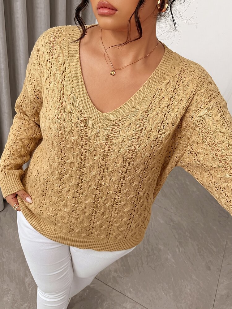 Linhara CURVE Plus Size Women's Spring/Autumn Semi-Sheer Hollow Out Round Neck Loose Drop Shoulder Casual Knit Top, Heart Pattern Pullover Sweater For Everyday Wear - Khaki - View 7