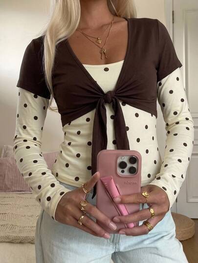 CovetEZ Women's Shades Of Brown Brown Polka Dot 2 In 1 Colorblock Casual Streetwear Cute Daily T-Shirt Vacation Autumn