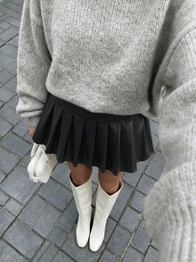 Struktiv Rok Pendek Lipit Kulit Warna Polos Pinggang Tinggi Wanita, Pas Ramping, Gaya Preppy, Rok Mini Serbaguna untuk Perjalanan Kampus - Hitam - View 5