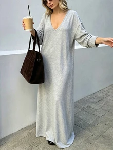 Breezaya Women's Solid Color Minimalist Versatile Long Sleeve V-Neck Dress - Grey - View 4