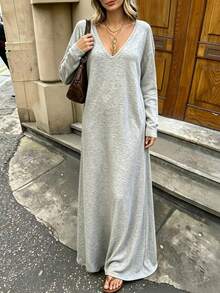 Breezaya Women's Solid Color Minimalist Versatile Long Sleeve V-Neck Dress - Grey - View 2