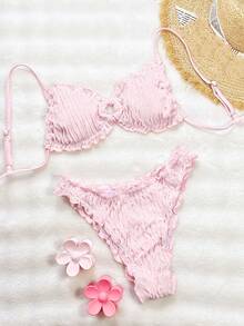 SHEIN Swim Swim -D 淡粉色提花面料可愛荷葉邊飾可調節綁帶休閒性感比基尼套裝 女款 海灘海灘派對度假夏季 - 粉色 - 查看 5